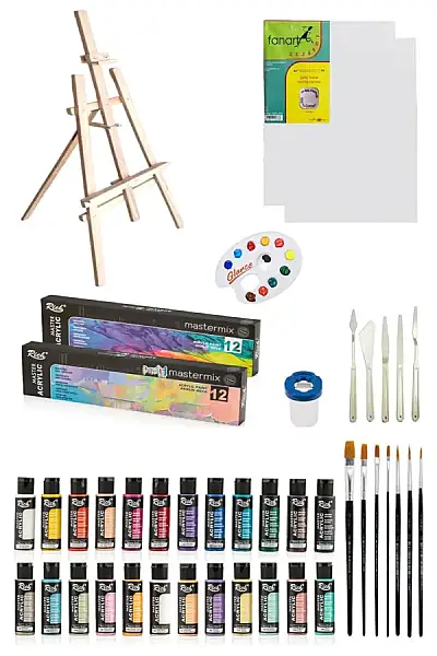 3 Ayaklı Şövale Rich Master Mix 60 Cc Akrilik 12 Li Canlı Renkler Pastel Renkler Şövale Seti - 1