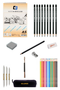 GLANCE - Alex Eskiz Blok Spiralli Dikey A5 60 YP 90 GR Kuruboya Kalemi Kalemlik Çizim Eskiz Seti