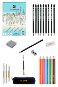 GLANCE - Alex Schoeller Eskiz Blok Defter 120gr A4 40 Yaprak Kuruboya Kalemi Rulo Kalemlik Çizim Eskiz Seti