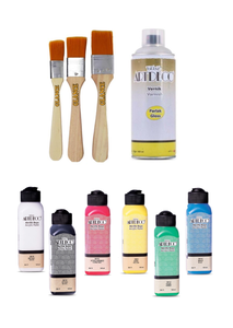 GLANCE - Artdeco 140 ml 6 Renk Akrilik Boya+3'LÜ Zemin Fırça+400ml Parlak Sprey Vernik Ahşap Boyama Set GLANCE - Artdeco 140 ml 6 Renk Akrilik Boya+3'LÜ Zemin Fırça+400ml Parlak Sprey Vernik Ahşap Boyama Set