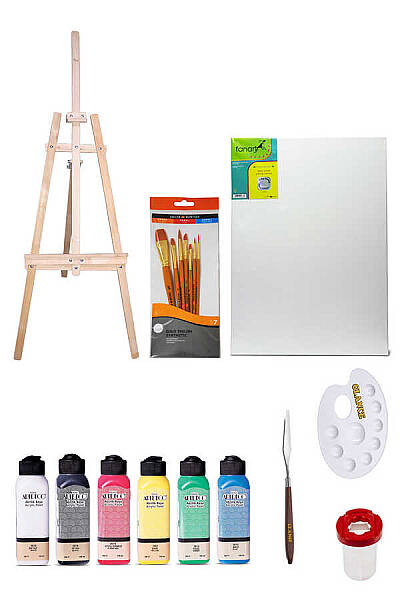 Artdeco Ana Renkler 6'lı Daler Rowney Fırça Seti 7'li 3 Ayaklı Şövale 35x50 Tuval Akrilik Seti - 1