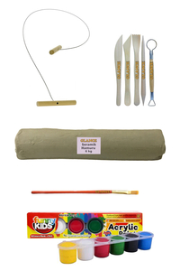 GLANCE - Beyaz Seramik Hamuru 6 kg Kil Kesme Teli 5'li Ebeşuar 15 ML Akrilik 6 lı Set