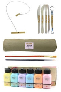 GLANCE - Beyaz Seramik Hamuru 6 kg Kil Kesme Teli 5'li Ebeşuar Artdeco Akrilik Boya 6x75 Ml Pastel Renkler GLANCE - Beyaz Seramik Hamuru 6 kg Kil Kesme Teli 5'li Ebeşuar Artdeco Akrilik Boya 6x75 Ml Pastel Renkler