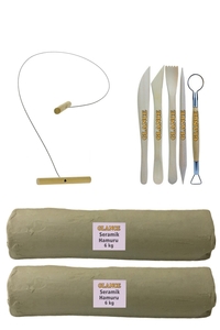 GLANCE - Beyaz Seramik Hamuru 6 kg x2'li Kil Kesme Teli 5'li Ebeşuar Seti