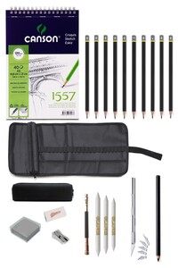 GLANCE - Canson 1557 A5 Eskiz Defteri 120g Karakalem Çantalı Çizim Eskiz Seti Kretuar Hamur Silgi Kömür Kalem