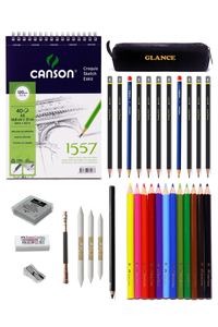 GLANCE - Canson 1557 A5 Eskiz Defterli Adel Karakalem ve Faber Kuruboya Kalemi Çizim Eskiz Seti