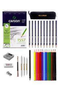 GLANCE - Canson 1557 Eskiz Defterli Faber Karakalem ve Kuruboya Kalemi Çizim Eskiz Seti Kömür Kalem Uzatma