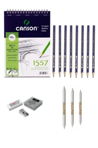 GLANCE - Canson 1557 Eskiz Defterli Karakalem Çizim Seti Pastel Dağıtma, Kalemtıraş, Silgi Eskiz Seti