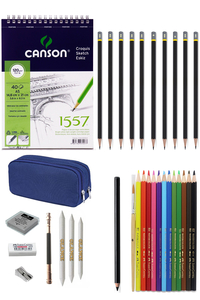 GLANCE - Canson 1557 Eskiz Defterli Karakalem ve Watercolor Kuruboya Kalemi Çizim Eskiz Seti
