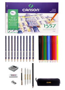 GLANCE - Canson 1557 Resim Defteri 35X50CM 180 Gram 15 Yaprak Karakalem ve Kuruboya Kalemi Çizim Eskiz Seti