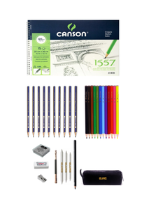 GLANCE - Canson Çizim Defteri 25X35 CM 120 Gram 15 Yaprak Karakalem ve Kuruboya Kalemi Çizim Eskiz Seti