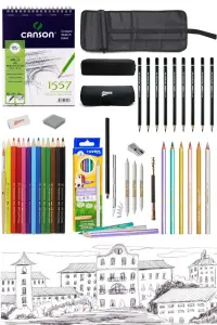 GLANCE - Canson Eskiz Defteri Karakalem Metalik Sulu Kuruboya Kalemi Çantalı Çizim Eskiz Seti