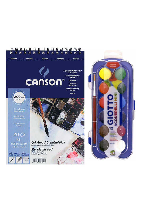 Canson Mix Media Pad Çok Amaçlı Resim Defteri A5 200 gr 20 Sayfa Giotto Suluboya Seti 23 mm 12'li