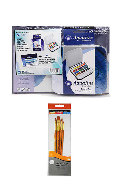 Canson Montval Suluboya Defteri 18x25cm 300g Daler Rowney Aquafine 24'lü Yarım Tablet Suluboya Seti - 1