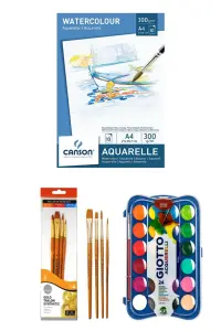 GLANCE - Canson Sulu Boya Blok Defteri 10 Sy A4 300 gr Giotto Block Sulu Boya 24'lü Daller Fırça Seti 4 Lü