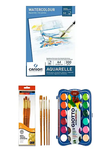 Canson Sulu Boya Blok Defteri 10 Sy A4 300 gr Giotto Block Sulu Boya 24'lü Daller Fırça Seti 4 Lü - 1