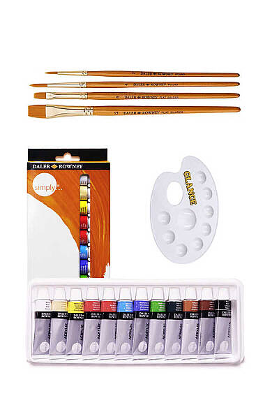 Daler Rowney Simply Akrilik Boya 12'li ml Godeli Palet Daler Rowney 4'lü Fırça Akrilik Set - 1