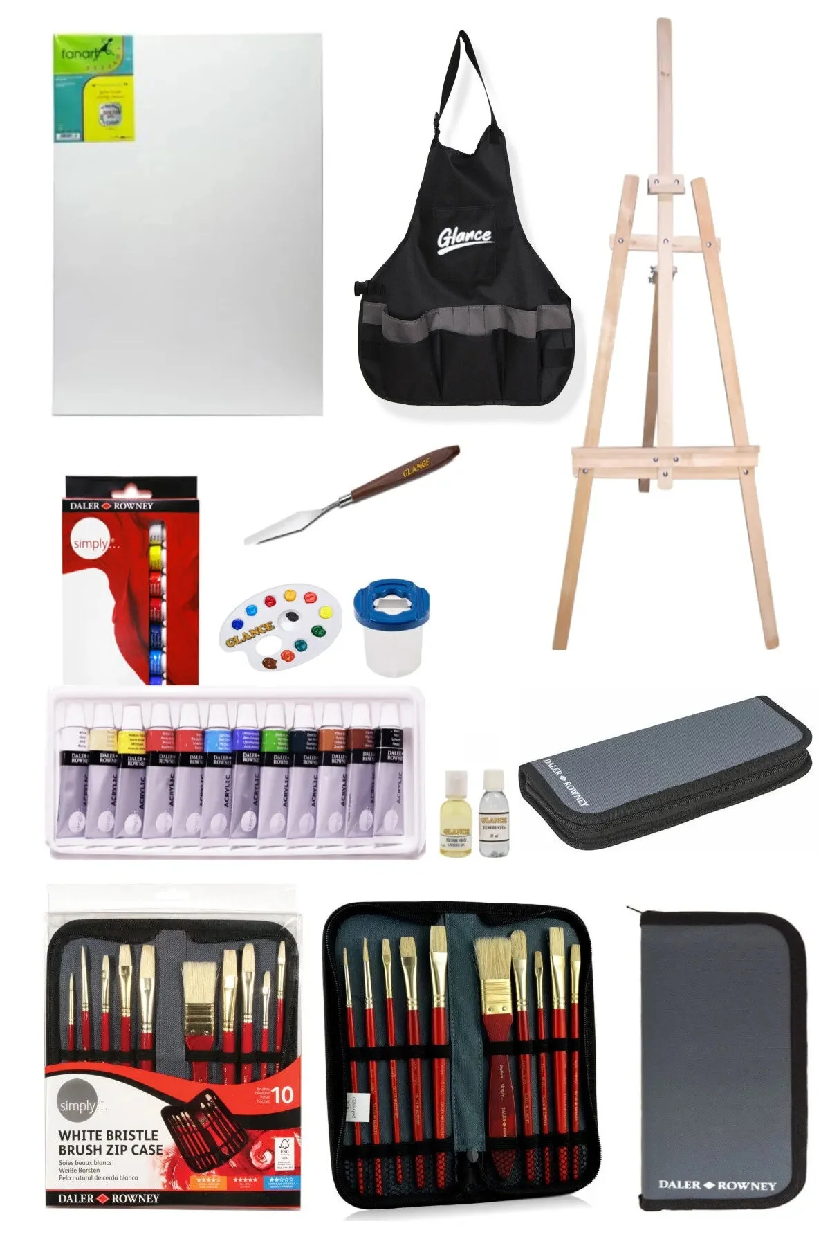 GLANCE - Daler Rowney Simply Yağlı Boya 12 Renk x 12 ml 10`lu Çantalı Fırça Profesyonel Şövale Seti