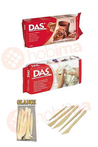 DAS BEYAZ+KAHVE SERAMİK KİLİ 500 GR+GLANCE MODELAJ KALEMİ EBEŞUAR 5 Lİ AHŞAP SET - 1