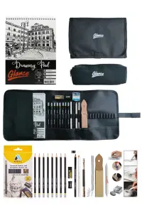GLANCE - Eskiz A5 120 gr Adel Dereceli Kalem Seti 8'li Siyah Kalemlik 24 bölmeli + Kalem Kutusu Set