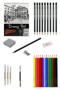 GLANCE - Eskiz Defteri A5 120 gr 50 Lyra Dereceli Karakalem Water Color Kuruboya Kalemi Çizim Seti