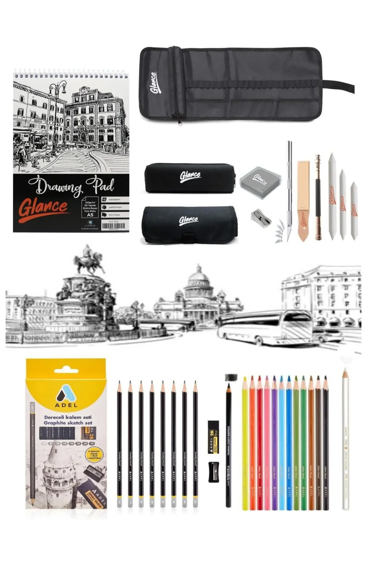 GLANCE - Eskiz Defteri A5 120 gr 50 yp Adel Dereceli Kalem Seti 8'li Siyah Rulo Kalemlik 24 Kalem Bölmeli