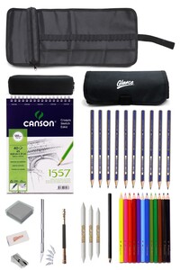GLANCE - Faber 1221 Canson Eskiz Defteri Karakalem ve Kuruboya Kalemi 23 Parça Çantalı Çizim Eskiz Seti