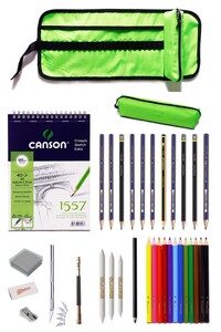 GLANCE - Faber 1221 Canson Eskiz Defteri Karakalem ve Kuruboya Kalemi 23 Parça Çantalı Çizim Eskiz Seti Pembe