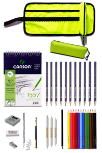 GLANCE - Faber 1221 Canson Eskiz Defteri Karakalem ve Kuruboya Kalemi 23 Parça Çantalı Çizim Eskiz Seti Sarı