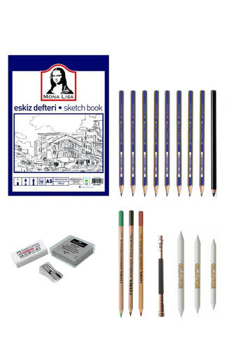 Faber 1221 Eskiz Defterli Karakalem ve Kuruboya Kalemi Çizim Eskiz Seti Kömür Kalem, Pastel Dağıtıcı - 1