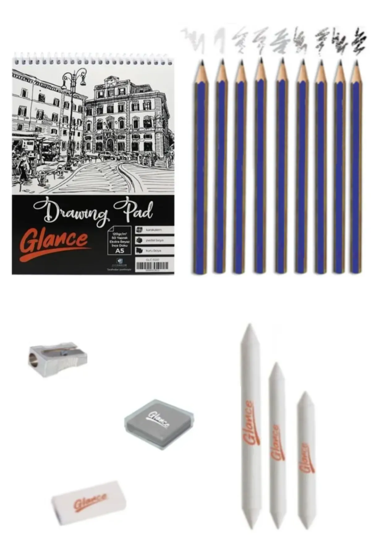 GLANCE - A5 Eskiz Defterli 50 Yp 9 Adet Karakalem Çizim Seti Pastel Dağıtma, Kalemtıraş, Silgi Eskiz Seti
