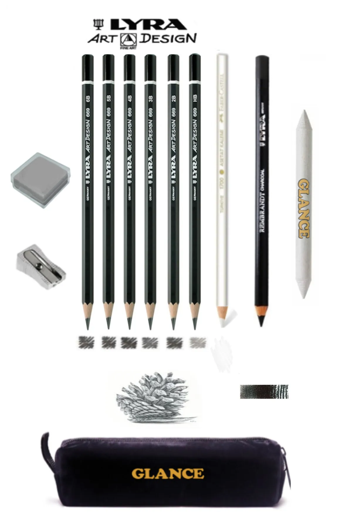 GLANCE - Lyra Dereceli Karakalem Eskiz profesyonel Çizim Seti
