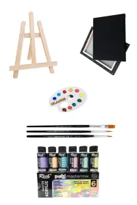 GLANCE - Mini Şövale Rich Master Mix 60cc Akrilik 6 Lı Pastel Renkler 25x35 Siyah Tuval Akrilik Başlangıç Set