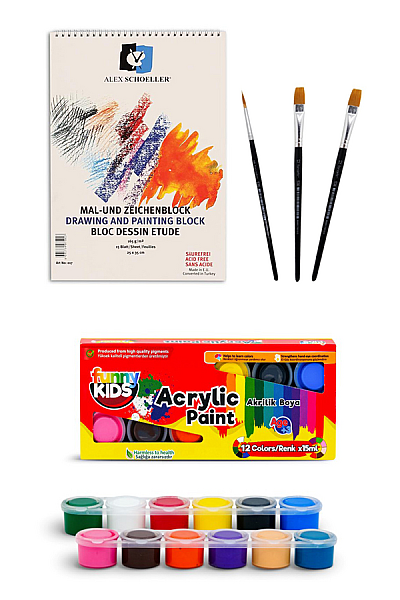 Resim Defteri 25x35 Spiralli 165 gr 15 Yaprak Funny Kids 12 Renk Akrilik Boyası 12x15 Ml Set - 1