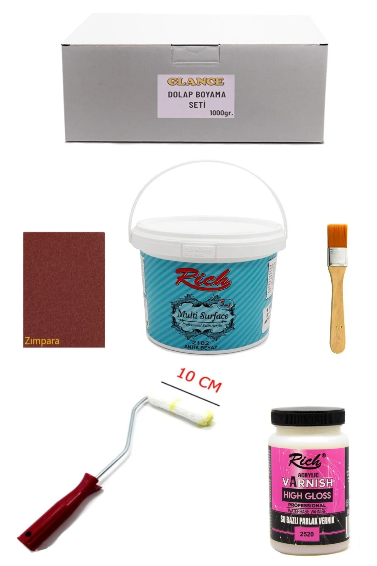 GLANCE - Rich Multi Surface Antik Beyaz 1000 Gr Dolap Boyama Seti Mobilya Boyama Seti Parlak Vernik