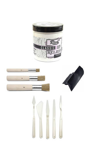 Rich Rölyef Pasta 350 Gr Beyaz Stencil Fırça Seti Plastik Spatül Seti Doku Tarağı - 1