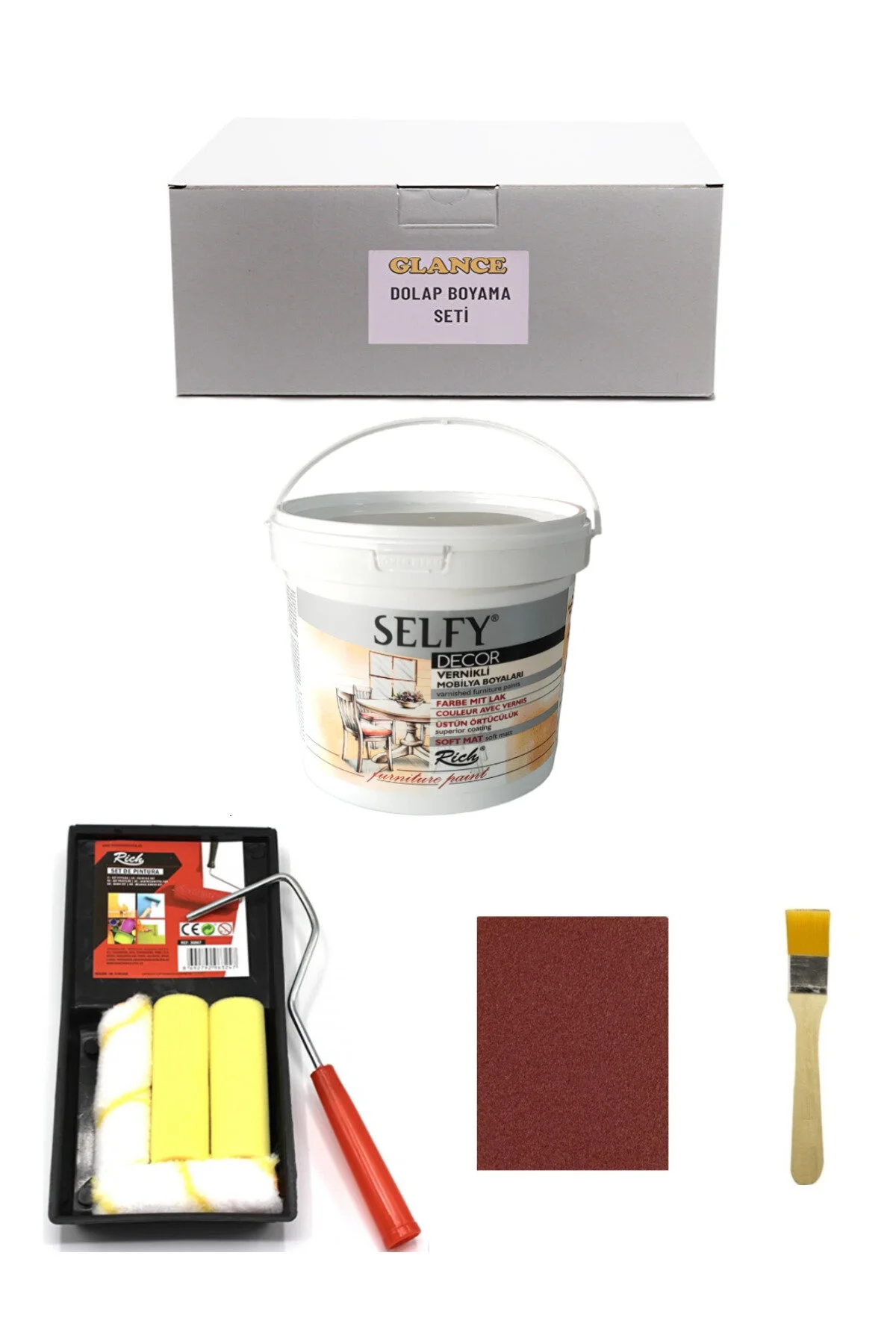 GLANCE - Rich Selfy Decor 1 Kg Antik Beyaz Kendinden Vernikli Rulo Fırça Seti Tavalı