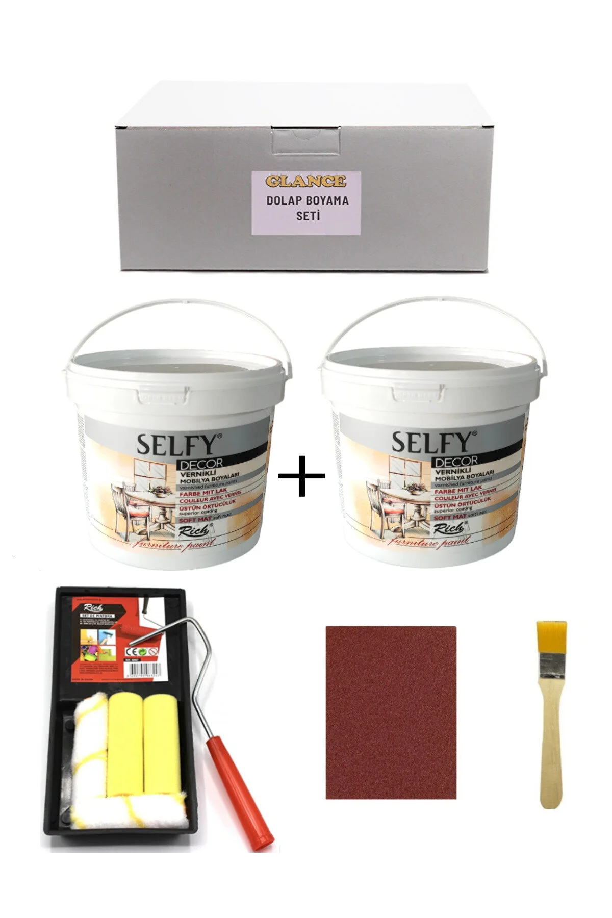 GLANCE - Rich Selfy Decor 1 X 2 Kg Antik Beyaz Kendinden Vernikli Rulo fırça Seti Tavalı