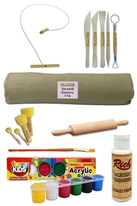 GLANCE - Seramik Hamuru 6 kg Kil Kesme Teli 5'li Ebeşuarlı 15 ML Akrilik 6 lı Vernik, Ponpon,AhşapMerdane Set GLANCE - Seramik Hamuru 6 kg Kil Kesme Teli 5'li Ebeşuarlı 15 ML Akrilik 6 lı Vernik, Ponpon,AhşapMerdane Set