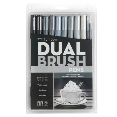 Tombow AB-T Dual Brush Pen Grafik Kalem Seti Grayscale (Gri Tonlar) 10 renk - 1