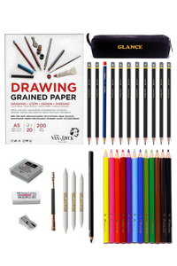 GLANCE - Van Dyck 200 gr A5 Eskiz Defterli Adel Karakalem ve Faber Kuruboya Kalemi Eskiz Seti